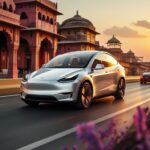 Model Y parked on a modern Indian street with cityscape in the background