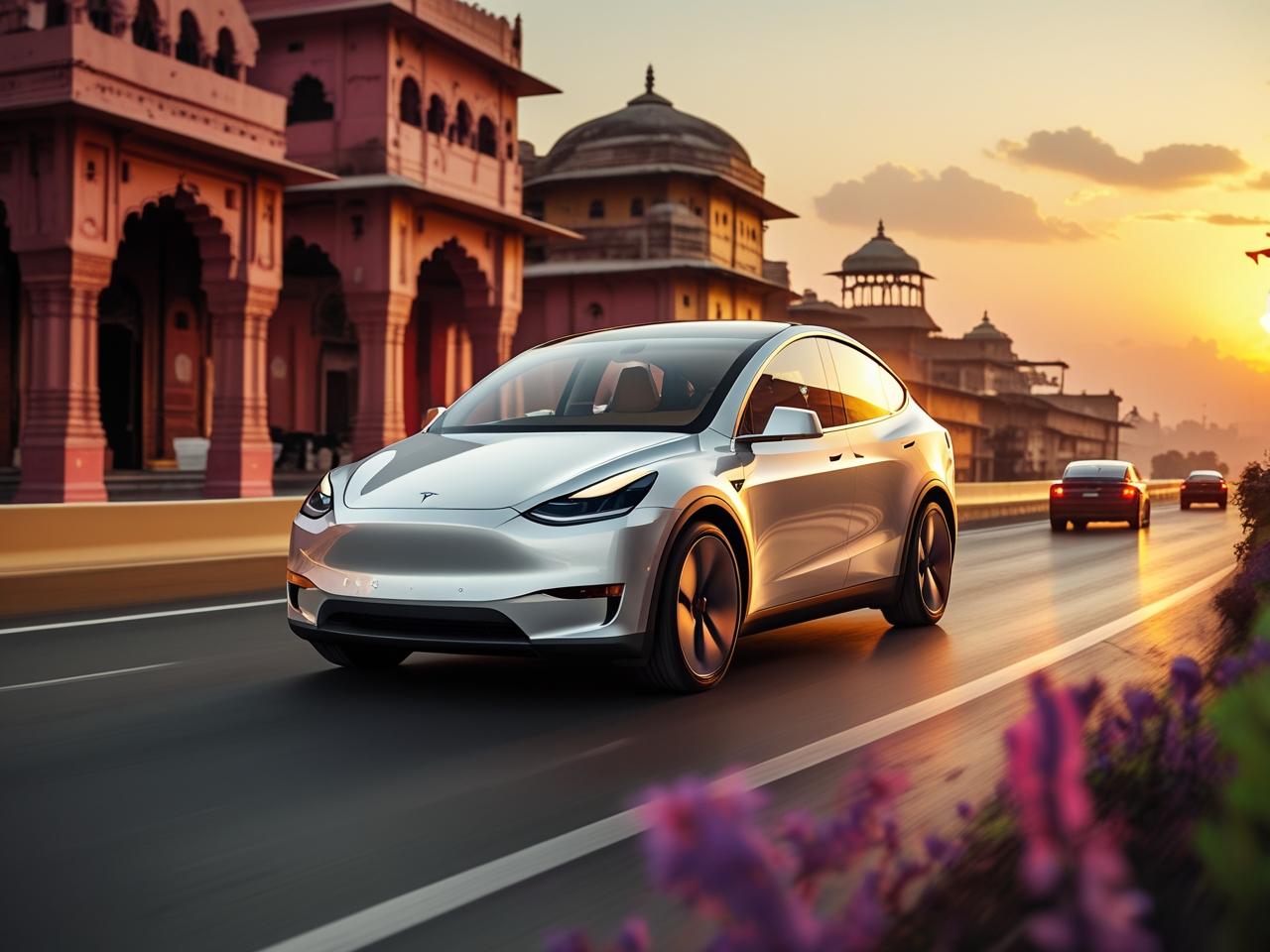 Model Y parked on a modern Indian street with cityscape in the background