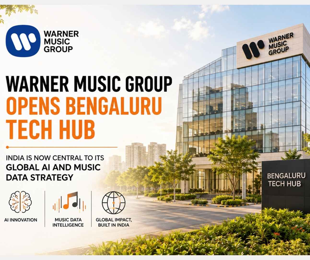 Warner Music Group Bengaluru Tech Hub building exterior with WMG logo